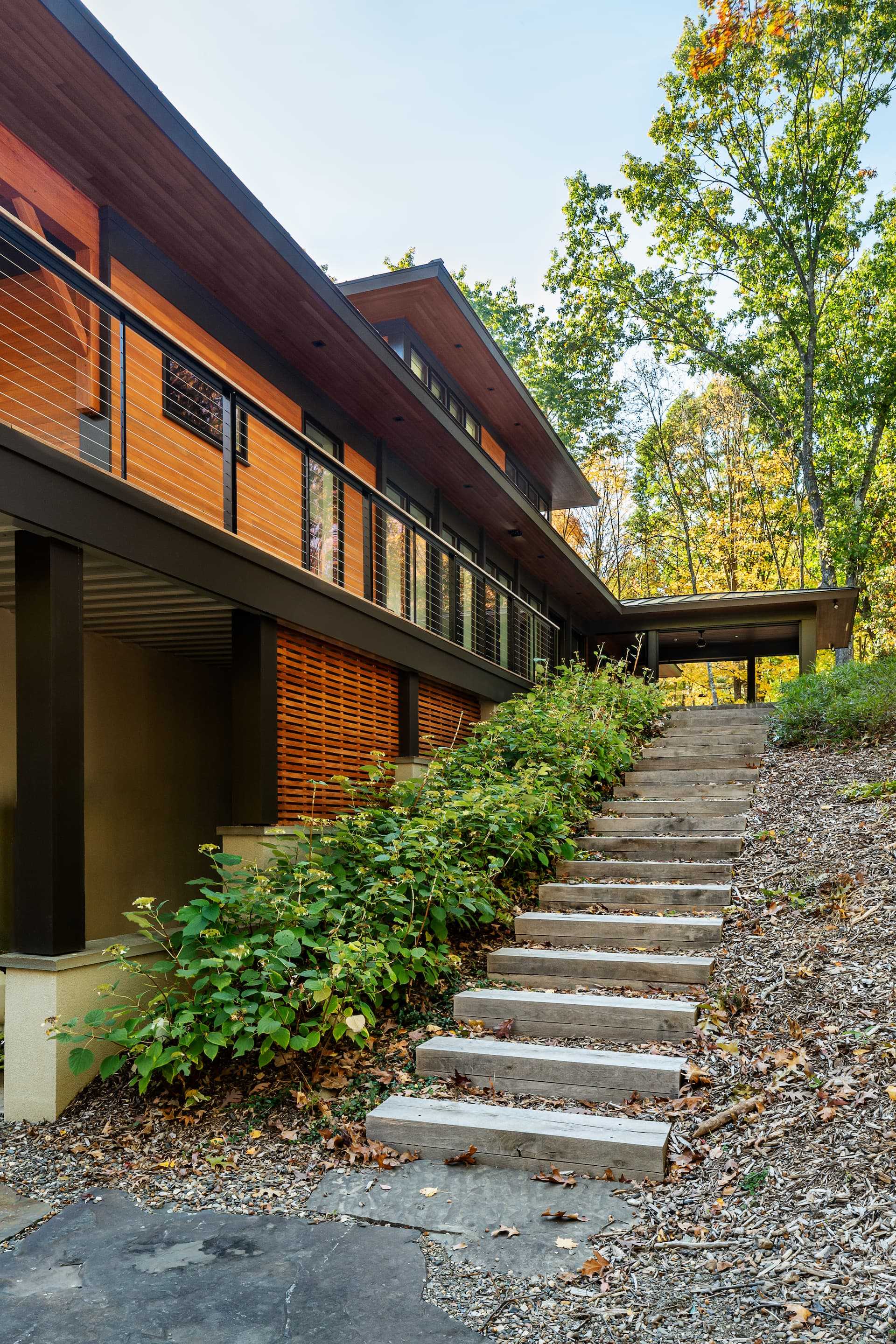 Exterior shot of midcentury modern wood and dark trim House