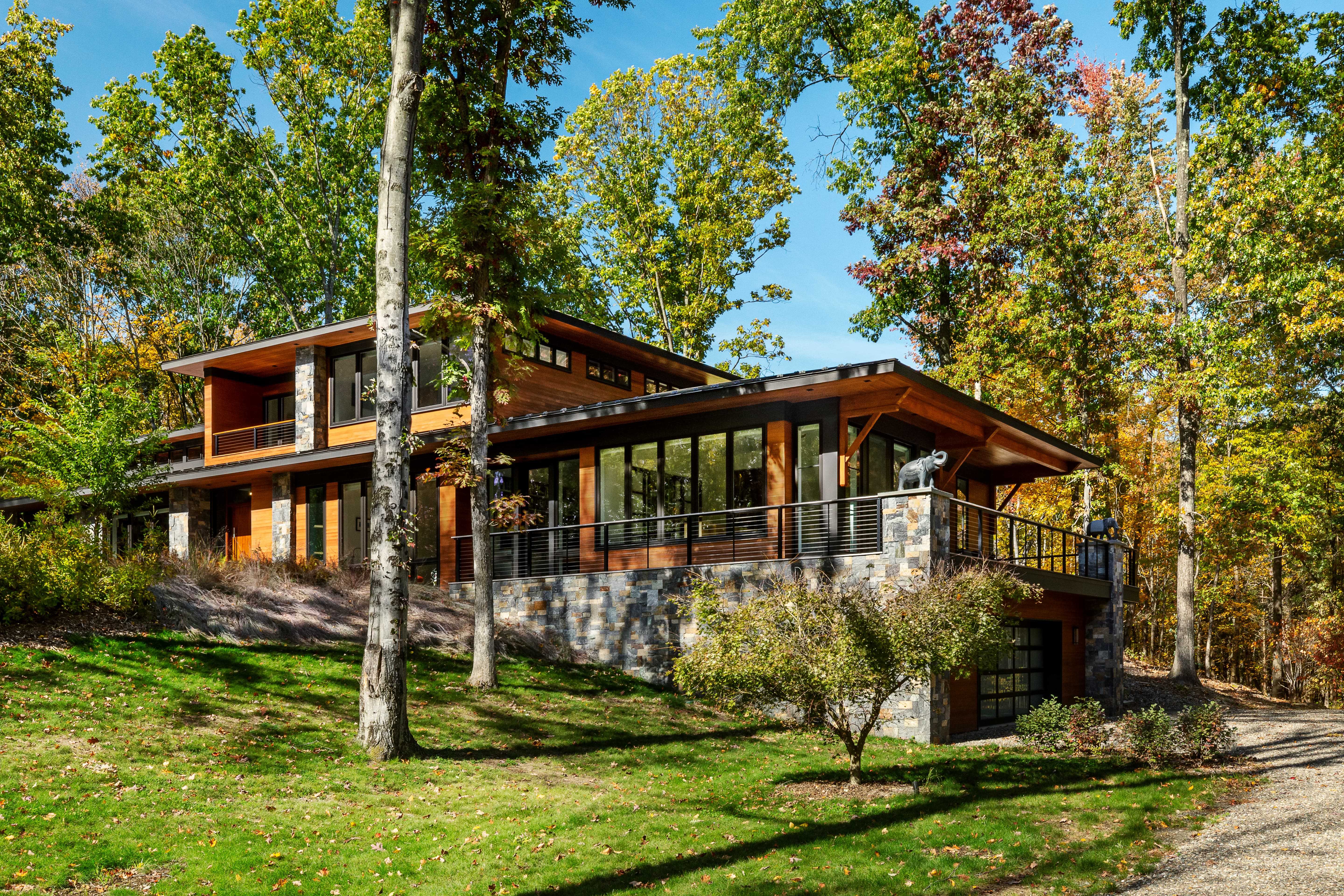 Midcentury Modern House in the fall in New England